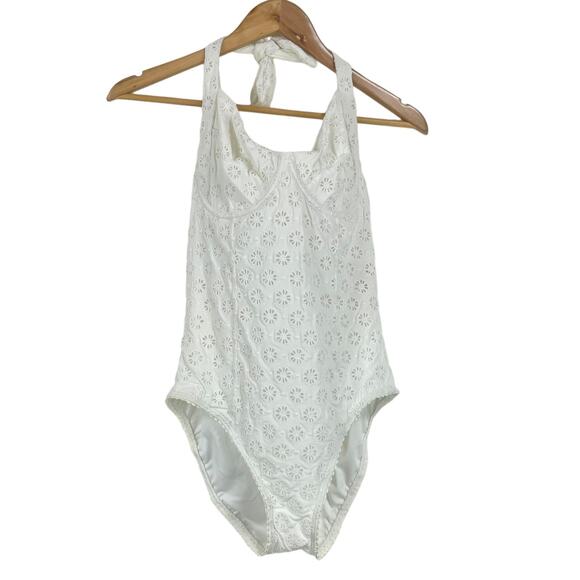 Kate Spade New York NWT Eyelet Halter Underwire One-Piece Swimsuit White Size L - Picture 4 of 11